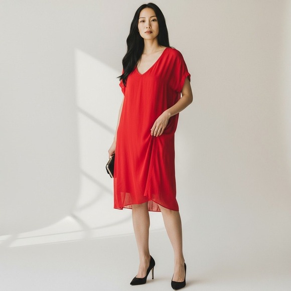 Vintage Giorgio Beverly Hills Red Silk Handkerchief Dress Sz L Cocktail 90s